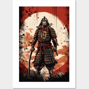 samurai with red moon in background Posters and Art